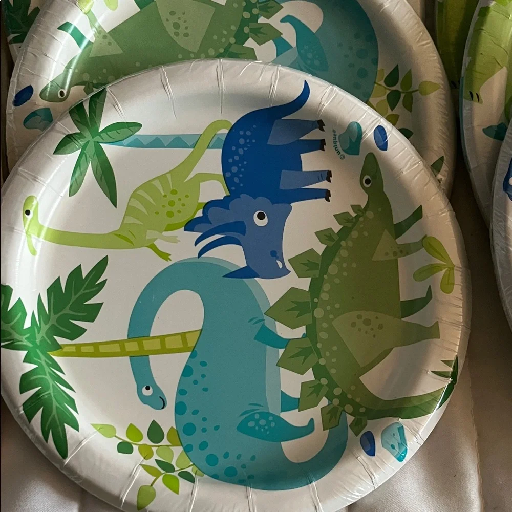 3-2-1 Party! Dinosaur Paper Plates & Napkins - Blue & Green